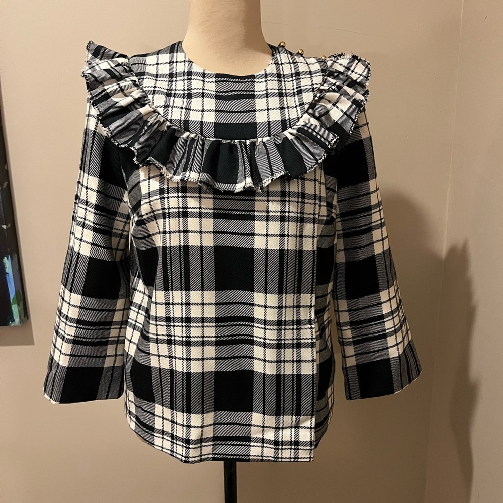 Loeffler Randall Black and White Plaid Ruffle Blouse